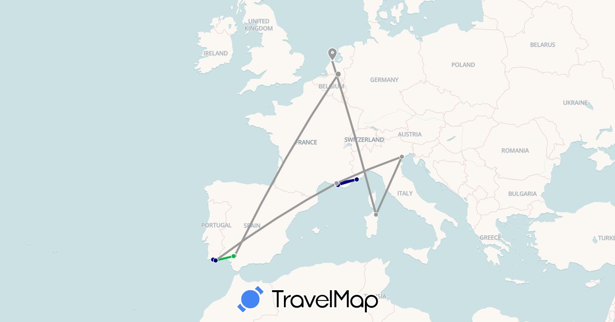 TravelMap itinerary: driving, bus, plane in Spain, France, Italy, Monaco, Netherlands, Portugal (Europe)